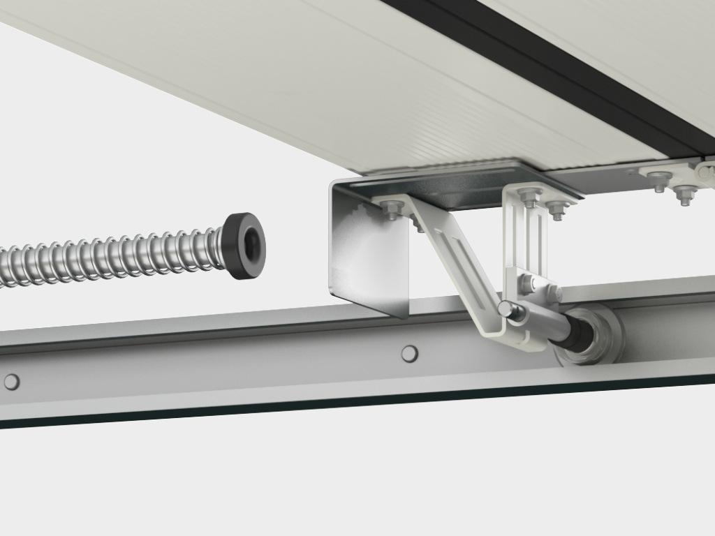 Площадка-упор устанавливается на верхнюю панель, увеличивая площадь сопряжения демпфера амортизатора и полотна ворот. Узел исключает возникновение аварийных ситуаций, вызванных неправильной установкой и регулировкой амортизаторов монтажными бригадами.